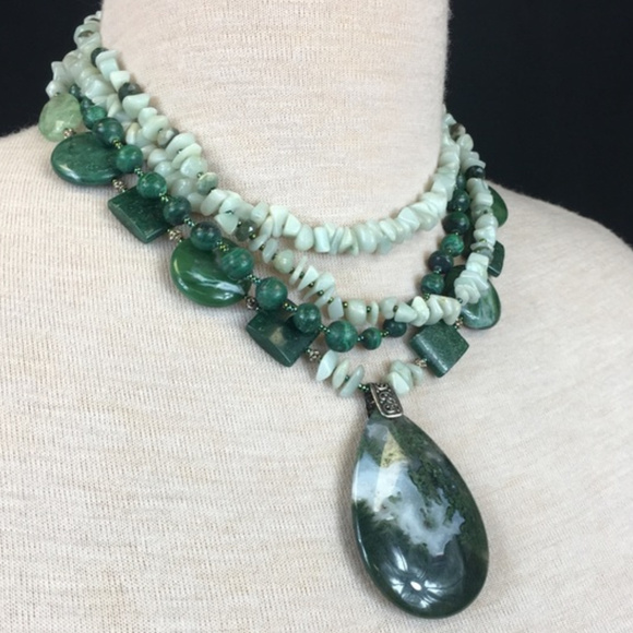 Natural Multi-Strand Green Stone Sterling Necklace - Picture 1 of 8